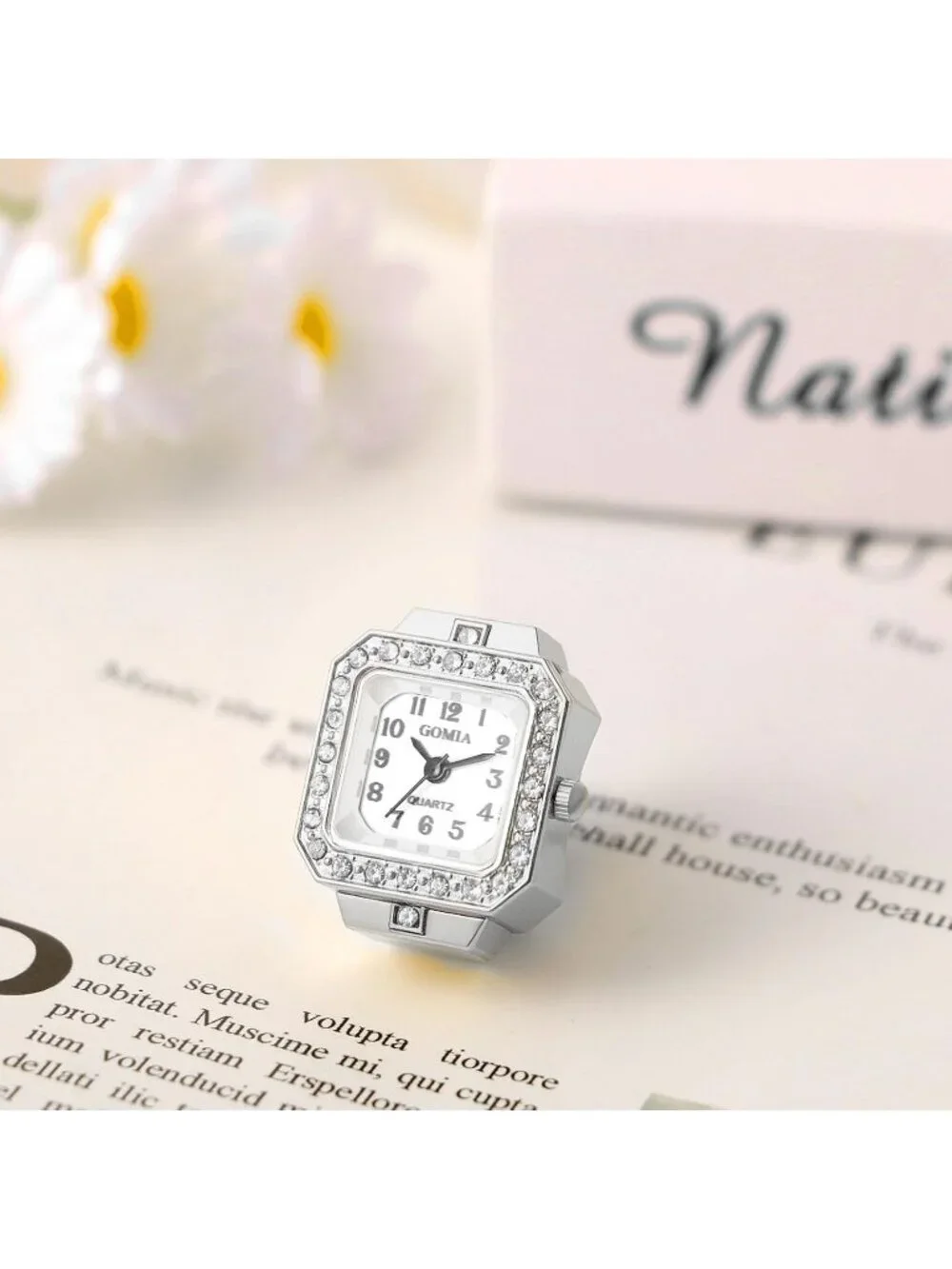 Unisex Silver Quartz Bling Stainless Steel Elastic Band Square Finger Ring Watch